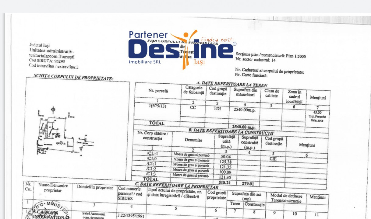 TOMEȘTI - Teren Industrial 2540 mp moară dezafectată 518 mp