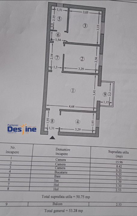 DACIA, Apartament 3 camere, SEMIDECOMANDAT, 53.2 MP, ET 1, 85.000 EURO
