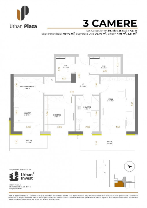  Apartament nou cu 3 Camere de Închiriat în Urban Plaza Brașov 