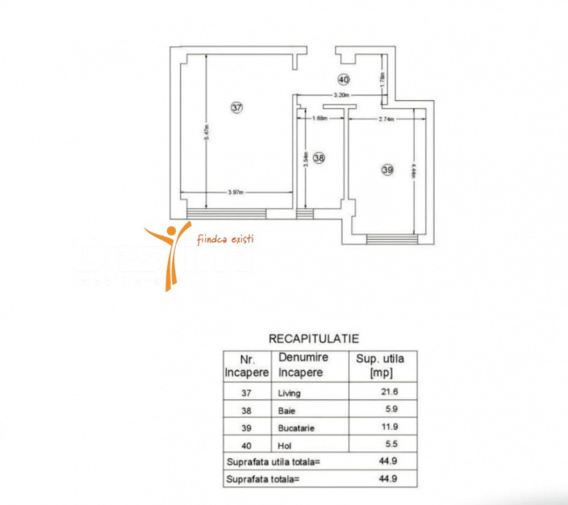 Moara de Vant apartament 2 camere open space 45 m cu gradina