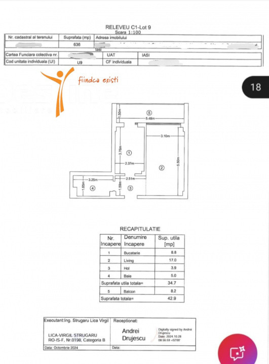 Moara de Vant apartament 2 camere open space 43 m cu balcon