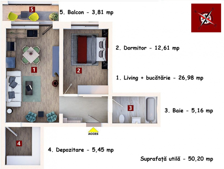 Studio 50 mp, etaj intermediar, cu balcon si loc de parcare, situat in Subcetate