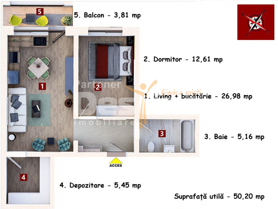 Studio 50 mp, etaj intermediar, cu balcon si loc de parcare, situat in Subcetate