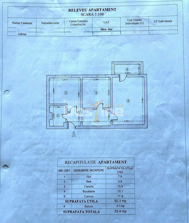 Apartament 2CD 50,3mp + balcon zona centrala Podu de Fier 