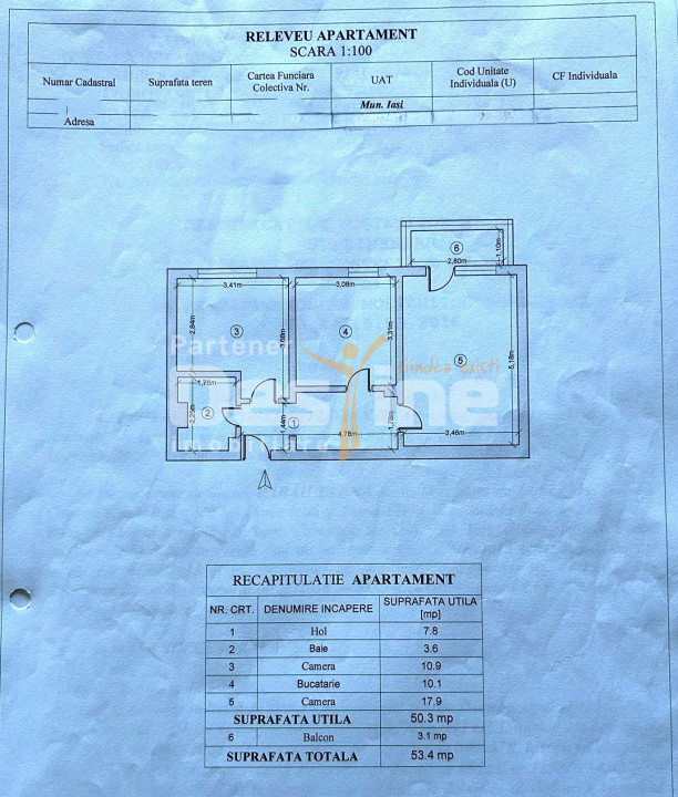 Apartament 2CD 50,3mp + balcon zona centrala Podu de Fier 