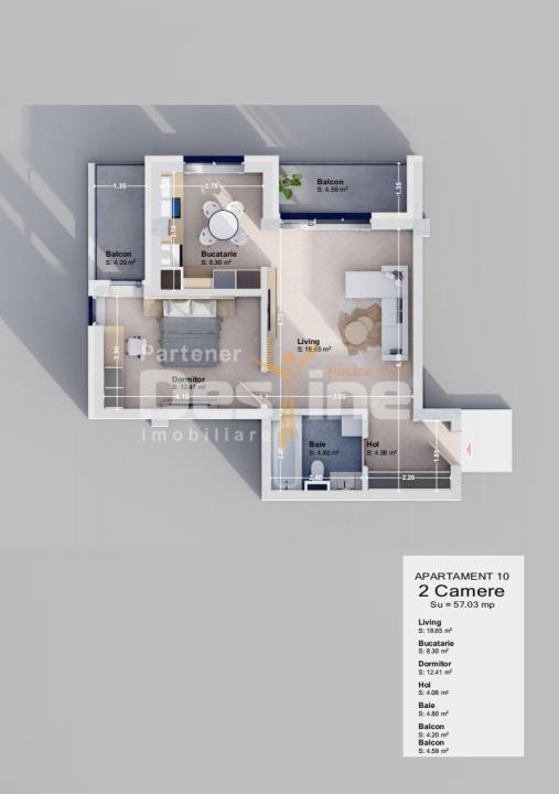 Apartament 2 camere 57 mp 2 balcoane etaj 1