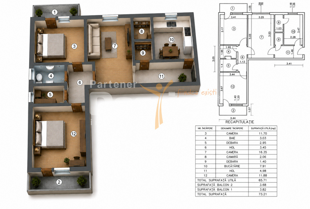 Apartament de vânzare, zona PODU ROȘ, 3 camere, semidecomandat, etaj 1