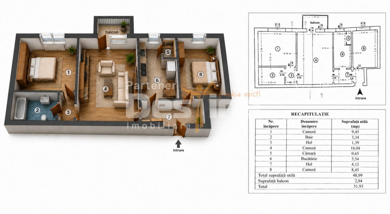 Apartament TĂTĂRAȘI | 3 camere, semidecomandat, 52 mp total, mobilat complet