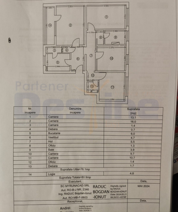 Apartament 4 camere decomandat 81 MP ETAJ 1 - Tătărași