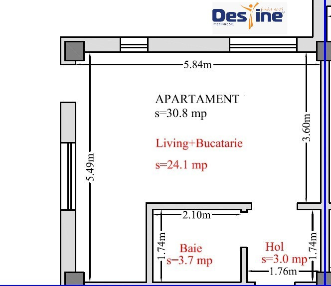 Apartament 1 cameră 30,8 mp + CURTE 70 mp cartier HLINCEA - CETĂȚUIA